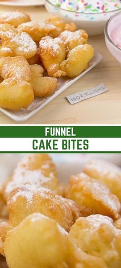 funnel cake bites are served on small plates