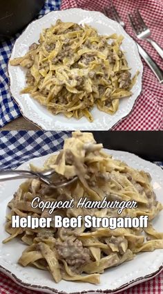 two plates with food on them and the words copycat hamburger helper beef stroganoni