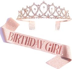 a tiara and ribbon with the words birthday girl written on it in pink glitter