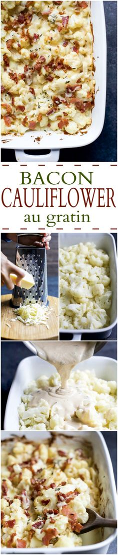 bacon and cauliflower casserole is shown in four different stages, including being cooked