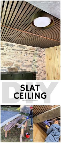 an advertisement for slat ceiling with pictures of different materials