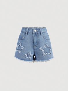 Tween Girl Y2K Trendy Spring And Summer Boho Star Patched Faded Frayed Denim Jeans Shorts,Girls Summer Clothes Outfits Medium Wash    Denim Geometric Bermuda Non-Stretch  Tween Girls Clothing, size features are:Bust: ,Length: ,Sleeve Length: