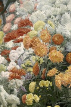 an oil painting of many different colored flowers