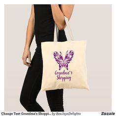 Change Text Grandma's Shopping Purple Butterfly Tote Bag Butterfly Tote Bag, Purple Bags, Purple Butterfly