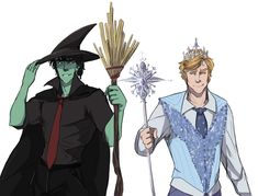 two people dressed up as witches and one is holding a broom in his hand while the other holds a wand