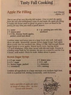 an old recipe book with instructions on how to make apple pie filling