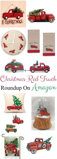 christmas red truck roundup on amazon with images of trucks, trees and snow globes