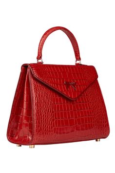 Handmade in New York, the Elene bag is crafted with lipstick red Italian crocodile embossed leather. Features cranberry patent piping, signature bow detail, gold hardware, and a magnetic snap closure. Elegant Red Bag With Glossy Finish, Chic Red Bag With Glossy Finish, Elegant Crocodile Pattern Bag For Gift, Luxury Glossy Formal Bags, Luxury Glossy Finish Formal Bags, Luxury Bags With Glossy Finish For Formal Occasions, Red Glossy Formal Bags, Formal Red Bags With Glossy Finish, Formal Red Bag With Glossy Finish