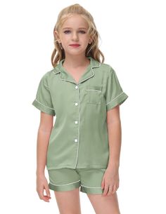 PRICES MAY VARY. 🌈Premium Material: This Kids Classic Short Sleeve Pajamas Made of high-quality silk satin fabric. Ultra-soft, lightweight, cool, breathable and comfortable. Give your lovely kids to dreamland sweet in every summer night. 🌈Classic Pajamas Style: VESEACKY unisex nighty design with classic notch collar, short sleeve, button front sleep shirt, mini chest pocket, exquisite piping contrast and super cute pj shorts. Suitable for boys and girls wear in spring and summer. 🌈Elastic Wai Green Sleepwear For Sleepover, Cute Green Pajama Party Set, Cute Green Short Sleeve Sleepwear, Cute Green Sleepwear For Bedtime, Cute Green Bedtime Set, Green Short Sleeve Sets For Sleepover, Solid Short Sleeve Bedtime Sets, Green Short Sleeve Bedtime Top, Green Short Sleeve Sleepwear For Pajama Party