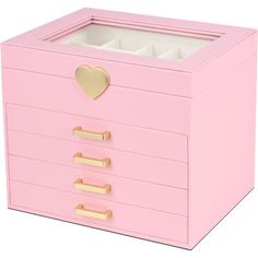 a pink jewelry box with gold handles and a heart on the top, is shown