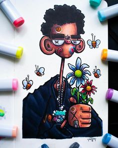 a drawing of a man with flowers and bees on his face is surrounded by crayons