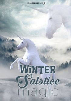 a white unicorn standing on its hind legs in front of a cloudy sky with the words winter solstice magic