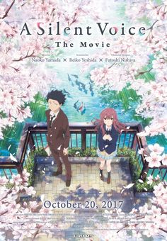 an anime movie poster with two people sitting on a bench