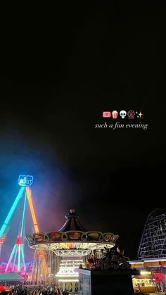 an amusement park at night with ferris wheel and fairground in the background, lit up by colorful lights