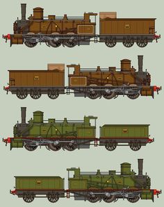 four different views of an old fashioned train engine and its caboose, side by side