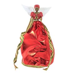 Beautiful Angel Tree Topper With Shiny White Wings. Her Dress Has A Cloth Metallic Red Skirt With A Red Resin Top. A Gold, Red And Green Ribbon Trimmed The Bottom Of Her Dress. She Wears A Matching Red Headdress And Her Hands Are Folded In Prayer.. 12.5 In H X 6 In W X 7.5 In D. Purchase includes One Angel Tree Topper. Red Headdress, Resin Top, Angel Tree Topper, Angel Tree, White Wings, Beautiful Angel, Red Skirt, Indoor Christmas Decorations, Green Ribbon