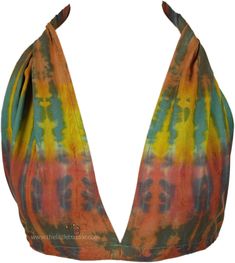 This halter-style bralette top is crafted from a soft, breathable rayon, ideal for comfortable wear.  It features a distinctive green tie-dye pattern that lends a unique and artistic touch to the design, suitable for a bohemian aesthetic. #tlb #vacationclothing #beachwrap #TieDye #Handmade #tiedyetop Multicolor Triangle Halter Top For Spring, Multicolor Hippie Halter Top For Spring, Green Bohemian Halter Top For Spring, Bohemian Green Halter Top For Summer, Green Triangle Crop Top For Spring, Fitted Acid Wash Crop Top For Summer, Green Triangle Top Crop Top For Summer, Multicolor Cotton Halter Top For Festival, Green Cropped Halter Top For Summer