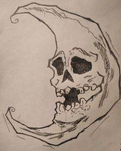 a drawing of a skull with the moon behind it