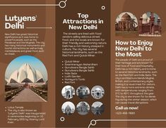 a brochure with images of buildings and the words top attractions in new delhi