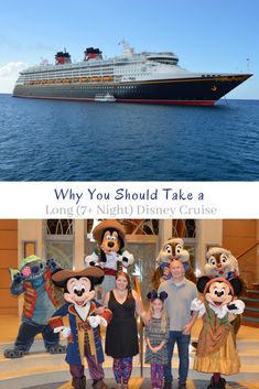 people standing in front of a cruise ship with mickey mouse and other characters on the deck