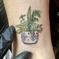 a small potted plant with green leaves on the side of the ankle tattoo design