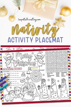 the nativity activity placemat is shown with christmas decorations and ornaments on it, along with