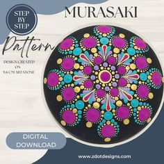 a black plate with colorful designs on it and the words, step by step pattern