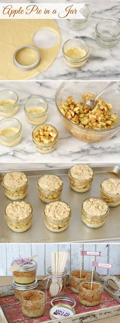 an assortment of desserts on display in glass bowls and pie tins with wooden spoons