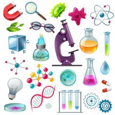 various science objects and beakles on a white background