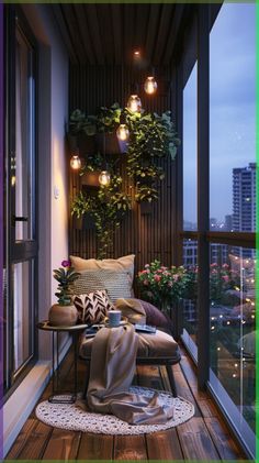 the balcony is decorated with potted plants, pillows and blankets on it's wooden floor