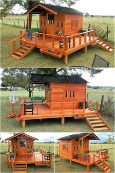 four different views of a small house with stairs and deckes on the outside, inside and out