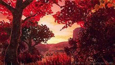 a painting of trees with red leaves in the foreground and mountains in the background