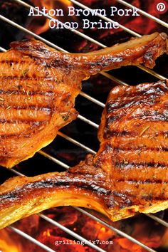 two steaks cooking on the grill with text above it that reads aaron brown pork urban brine