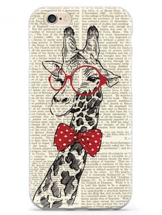 a phone case with a giraffe wearing glasses and a bow tie on it