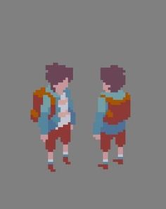 the pixel art shows two people with backpacks and one is wearing a shirt that says,