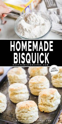 homemade biscuits on a baking sheet and in a glass bowl with powdered sugar