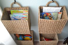 two wicker baskets with books and toys in them