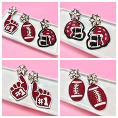 Elevate your game day style with our Crimson Red Maroon and White Beaded Game Day Earrings, available in three fabulous styles: football, helmet, and foam finger! Whether you're a proud football mom, a spirited cheer mom, or simply a die-hard fan, these earrings are the perfect accessory to show your team spirit in style. Crafted with meticulous attention to detail, each earring features vibrant royal blue and blue beads arranged in the shape of a football, helmet, or foam finger, adding a playf Foam Finger, Game Day Football, Mom Earrings, Football Earrings, Football Helmet, Cheer Mom, Crimson Red, Themed Jewelry, Red Maroon