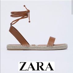 Nwt Zara Women’s Brown Leather Espadrille Sandals. Size 9. Jute Sole Tied Up Flat Sandals Leather Upper Ships Next Business Day! Cream Espadrilles, Tie Up Flats, Zara Sandals, Platform Espadrille Sandals, Lace Up Espadrilles, Suede Leather Shoes, Zara Leather, Sandals Brown, Lace Up Wedges