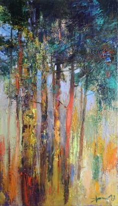 an abstract painting of trees in the woods