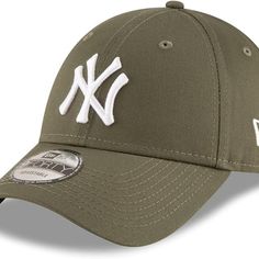 the new york yankees baseball cap is olive green with white lettering on the front and side