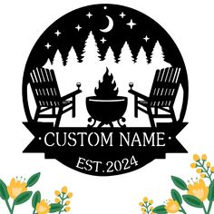 the logo for custom name est 2094a with two lawn chairs and fire pit