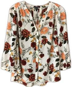 Floral Print 3/4 Sleeve Work Blouse, Floral Print 3/4 Sleeve Workwear Blouse, Floral Print Workwear Blouse With 3/4 Sleeves, 3/4 Sleeve Blouse With Floral Print For Day Out, Floral Print Blouse With 3/4 Sleeves For Day Out, Daywear 3/4 Sleeve Floral Blouse, Red Floral Print Blouse With 3/4 Sleeves, Daywear Blouse With 3/4 Sleeve And Floral Print, Red Blouse With Floral Print And 3/4 Sleeve