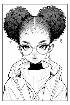 a black and white drawing of a girl with curly hair, glasses and a hoodie