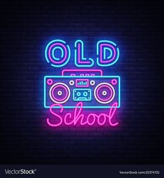 an old school neon sign with a boombox in the center on a brick wall