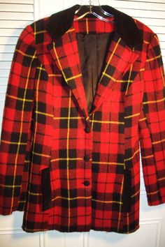 "Plaid wool blend blazer, velvet collar and cuffs.  Bust measures 36\", length 27\".  Pre-owned winter blazer.  No flaws of any kind.  Stored with TLC.  Comes from a smoke-free home." Collared Winter Formal Blazer, Winter Formal Collared Blazer, Retro Semi-formal Winter Outerwear, Formal Collared Sport Coat For Fall, Vintage Semi-formal Winter Blazer, Retro Winter Formal Sport Coat, Retro Formal Winter Sport Coat, Vintage Collared Blazer For Formal Occasions, Winter Blazer