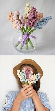 two pictures with flowers in vases and one has a hat on it's head