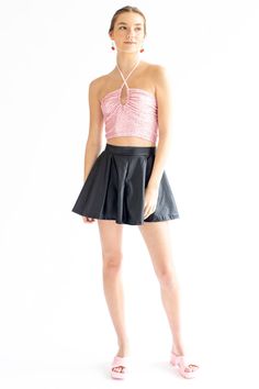 Pink Sequin Ruched Neck Halter Top Metallic Crop Top, Neck Halter Top, Pink Metallic, Waist Measurement, Dance Fashion, Halloween Fashion, Pink Sequin, Fashion Costume, Halter Top