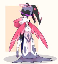 a cartoon character dressed in pink and white with wings on her head, standing next to a wall