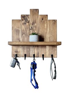 a wooden shelf with hooks and keys hanging from it's sides next to a potted plant